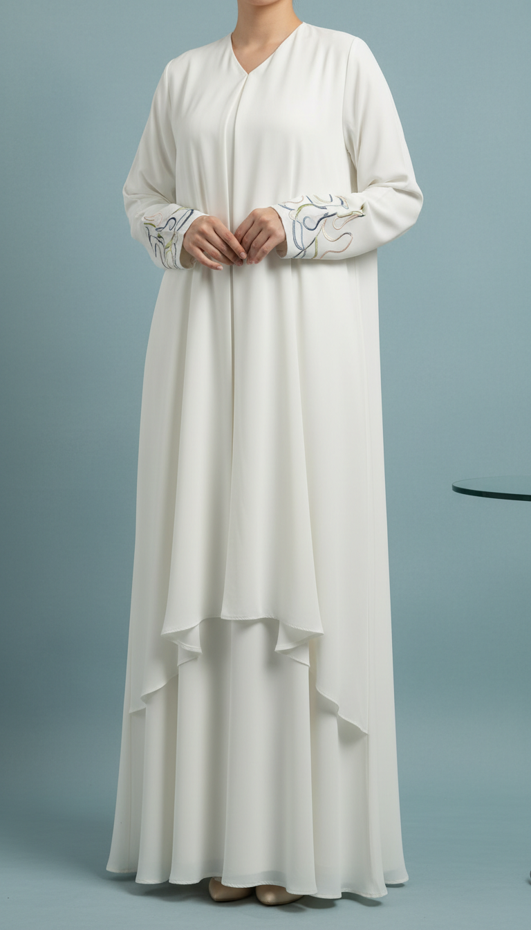 Pearl White Crepe Abaya with Embroidered Cuffs