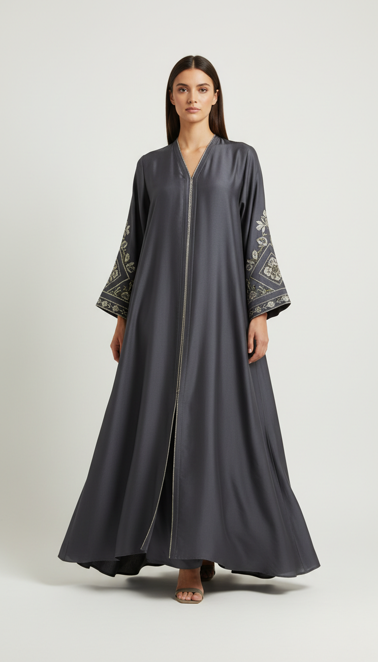 Midnight Slate Silk-Blend Abaya with Metallic Accents