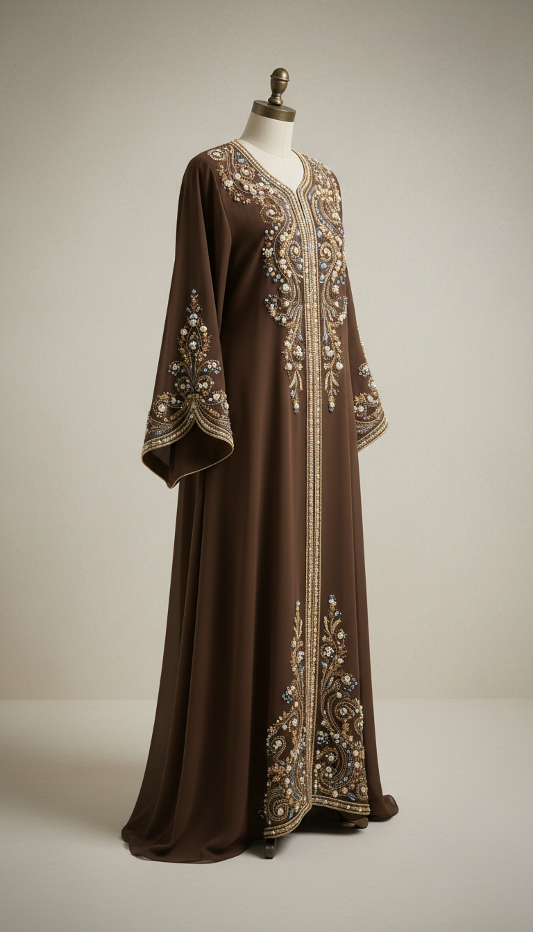 Arabian coffee chiffon abaya with pearl detailing