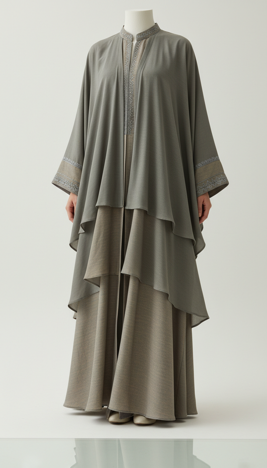 Sage Leaf Layered Abaya with Draped Silhouette