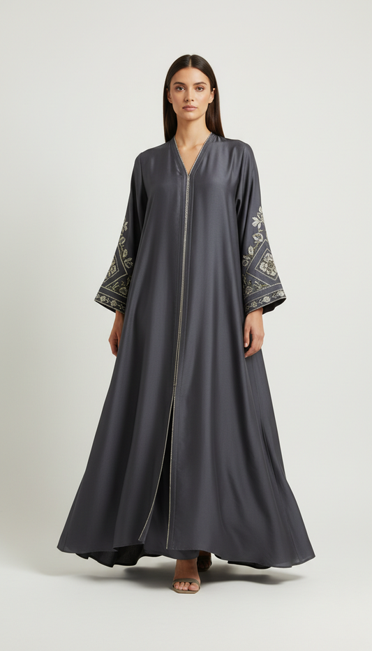 Midnight Slate Silk-Blend Abaya with Metallic Accents