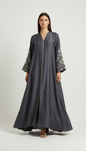 Midnight Slate Silk-Blend Abaya with Metallic Accents